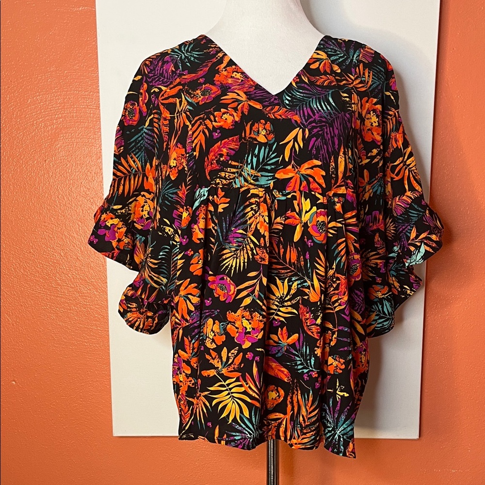 Tropical Print V-Neck Blouse - Black and Orange